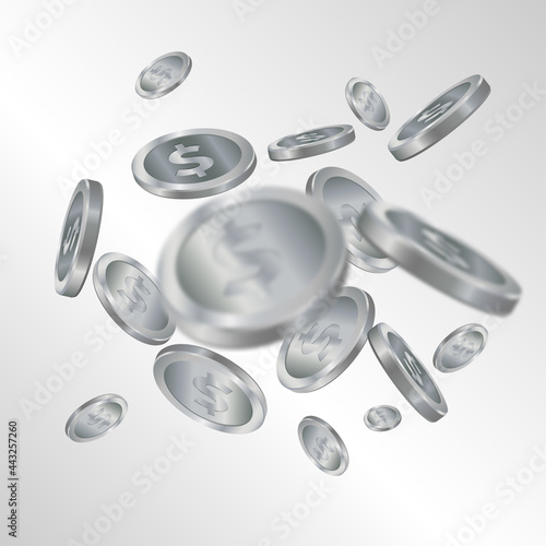 Realistic shiny silver coins explosion, with blur. Casino silver coin falling money vector concept illustration