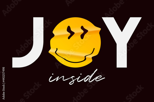 Emoji smile and slogan for t-shirt design. Typography graphics with realistic crumpled emoji smile for tee shirt. Apparel print design. Vector illustration.