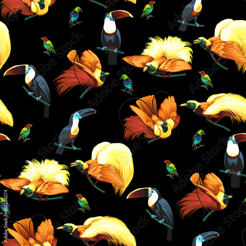 Seamless pattern with bright tropical birds
