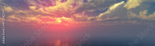 Sea sunset panorama, ocean sunrise, the sun among the clouds above the water, 3D rendering © ustas