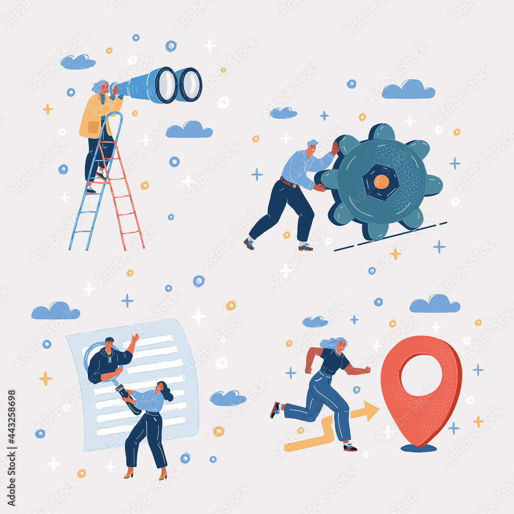Naklejka premium Vector illustration of people. Man try to push gear, woman run to location, making investigation with binocular, hr person looking for employee