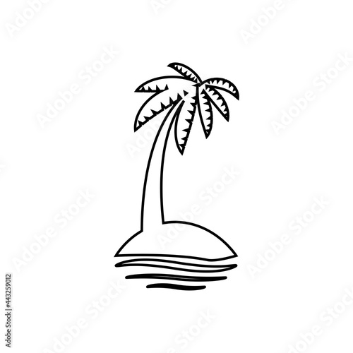 Tropical sea island with plants, palm trees, black silhouettes isolated on white background.