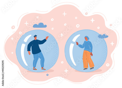 Vector illustration of People inside Echo chamber, isolated bubble, woman and man can't communicate or do it at distance