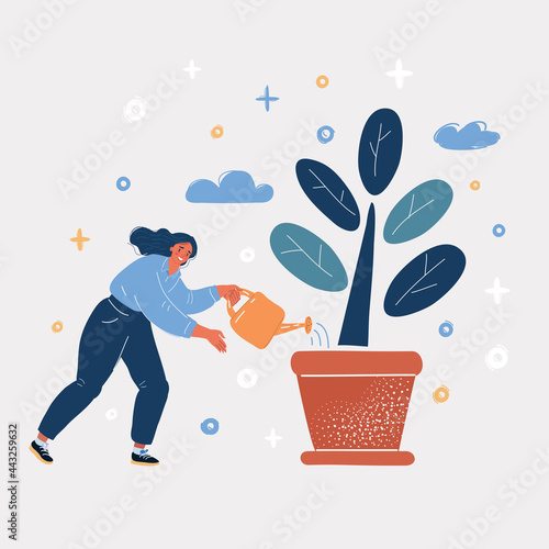 Vector illustration of woman take care about plant