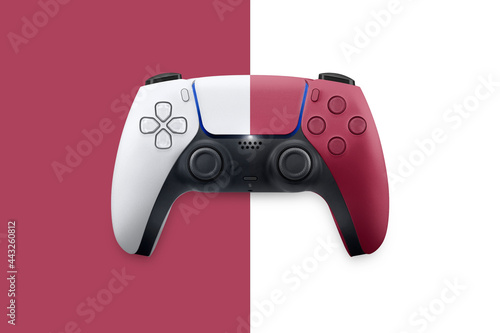 Next generation game controller isolated on background. Half and half white and red. Top view.