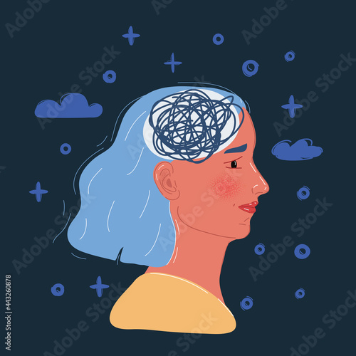 Vector illustration of Inside womans head concept on dark backround.