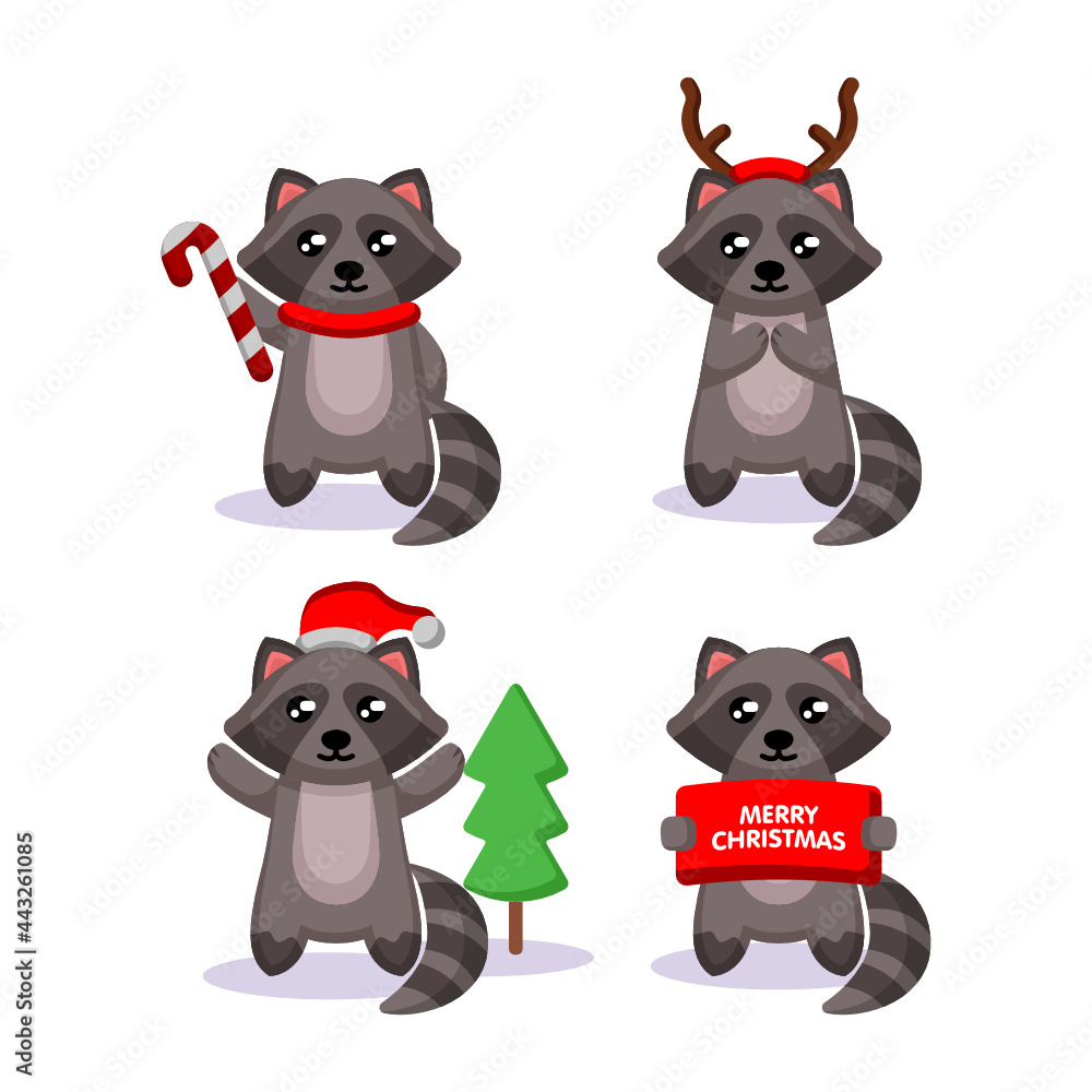 Set of cute raccoon with Christmas costume and decoration Set of cute raccoon with Christmas costume and decoration