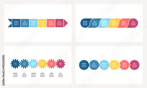 Business process. Timeline infographics with 6 steps, options, sections. Vector template.