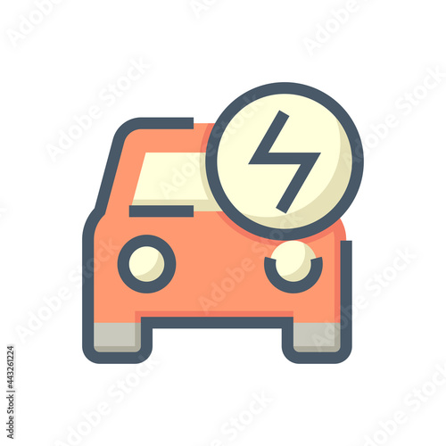 Electric vehicle (EV) vector icon. Consist of front car, electrical sign. That charge, recharge and supply green power energy from charger to battery. Concept for ecology, clean energy. 48x48 px.