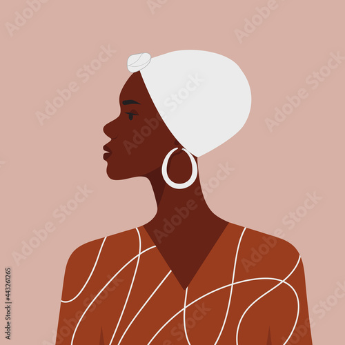 Stylish african woman portrait. Beautiful black girl with scarf on head. Profile silhouette. Ethnic character vector illustration in flat style