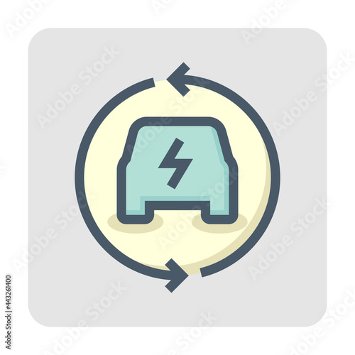 Electric vehicle (EV) vector icon. Consist of car, electrical, arrow. That charge, recharge to supply green power energy from charger to rechargeable battery. concept for transportation. 48x48 pixel.