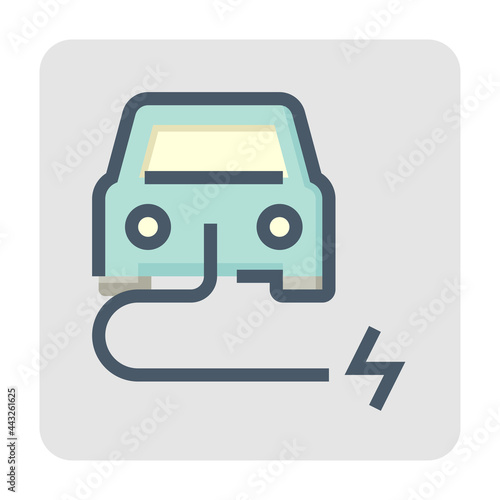 Electric vehicle (EV) vector icon. Consist of car, cable or wire and electrical sign. That for charge, recharge and supply green power energy to rechargeable battery for transportation. 48x48 pixel.
