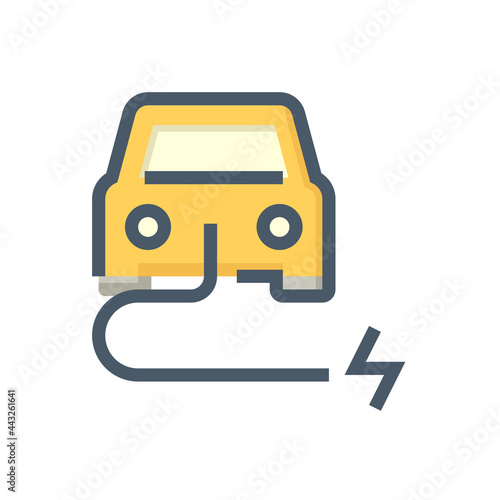 Electric vehicle (EV) vector icon. Consist of car, cable or wire and electrical sign. That for charge, recharge and supply green power energy to rechargeable battery for transportation. 48x48 pixel.
