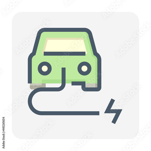 Electric vehicle (EV) vector icon. Consist of car, cable or wire and electrical sign. That for charge, recharge and supply green power energy to rechargeable battery for transportation. 48x48 pixel.
