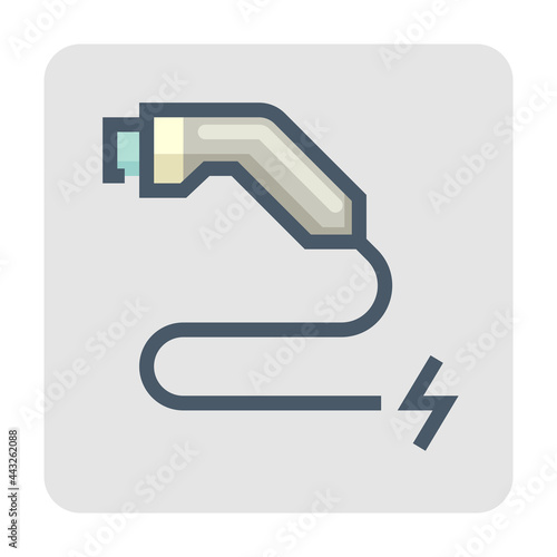 Charger connector (J plug) and cable for electric vehicle vector icon. Tool for charging station point to recharge or supply power energy to car battery. Eco technology for hybrid or EV cars. 48x48 px