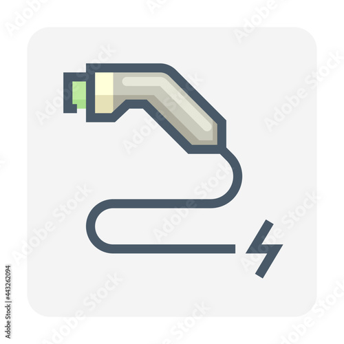 Charger connector (J plug) and cable for electric vehicle vector icon. Tool for charging station point to recharge or supply power energy to car battery. Eco technology for hybrid or EV cars. 48x48 px