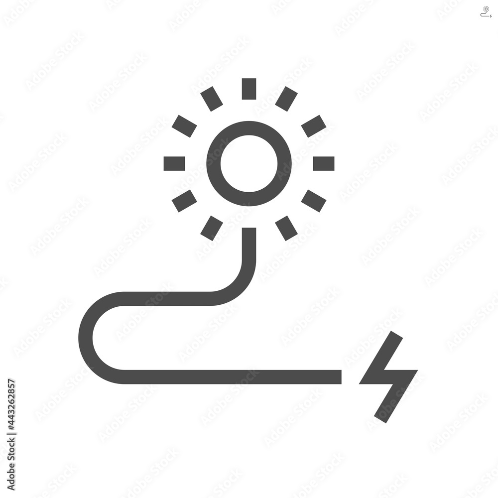 Obraz premium Solar power energy vector icon. Consist of sun, wire or cable and plug. To generate electrical power or direct current electricity by use sunlight. Concept for green energy and eco. 48x48 pixel.