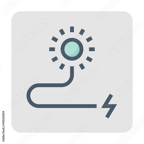 Solar power energy vector icon. Consist of sun, wire or cable and plug. To generate electrical power or direct current electricity by use sunlight. Concept for green energy and eco. 48x48 pixel.
