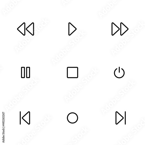 Audio set of icons. Minimalist music control icons. Songs and Music Control UI icons. Play, Record, Pause, Next, Previous and Pause vector set. International audio ui set icons.