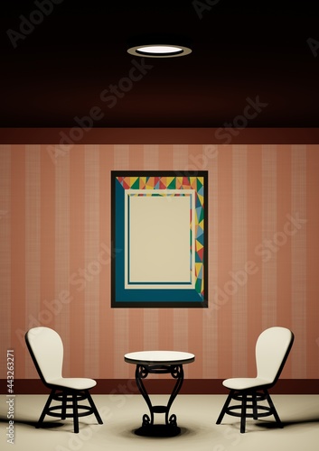 部屋　ストライプ壁紙　額縁　アート　椅子　テーブル　3DCG　インテリア