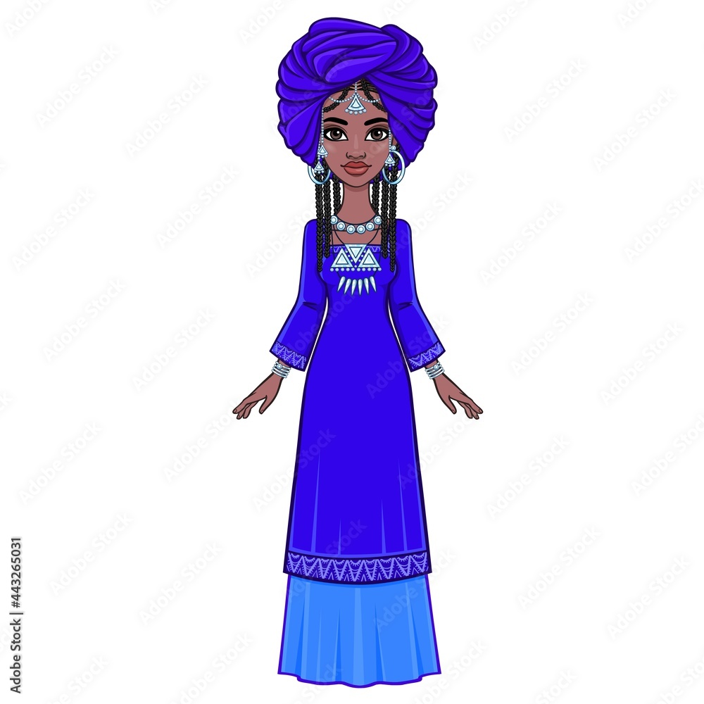 Animation portrait of a beautiful African woman in a blue turban and ethnic jewelry. Full growth. Template for use.  Vector illustration isolated on white background.