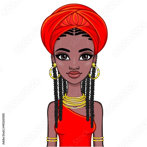Animation portrait of a young African woman in a red turban. Template for use.  Vector illustration isolated on white background.