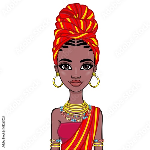 Animation portrait of a young African woman in a red turban and ethnic jewelry. Template for use.  Vector illustration isolated on white background.