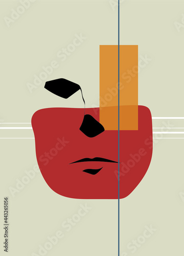 Surreal face wearing mask. Cover eye. Contemporary portrait art. Abstract expressionist. Modern figure graphic design. Vector illustration. Wall decoration.