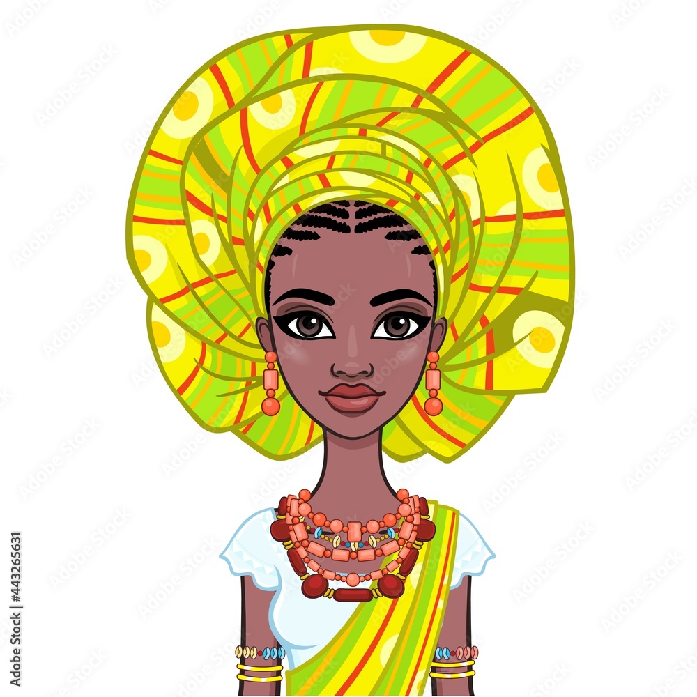 Animation portrait of a young African woman in a turban and ethnic jewelry. Template for use. Vector illustration isolated on white background. Animation portrait of a young African woman in a turban and ethnic jewelry. Template for use. Vector illustration isolated on white background.
