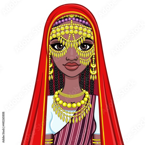 African beauty: animation portrait of the beautiful black woman in a traditional ethnic jewelry. Princess, Bride, Goddess.Vector illustration isolated on a white background. Print, poster, t-shirt