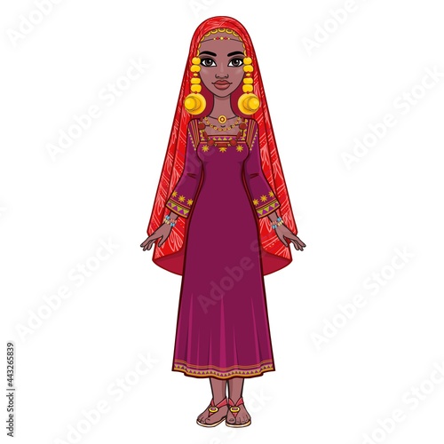 Animation portrait of a young African woman in a scarf  and ancient ethnic jewelry.  Full growth. Color drawing. Vector illustration isolated on a white background. 