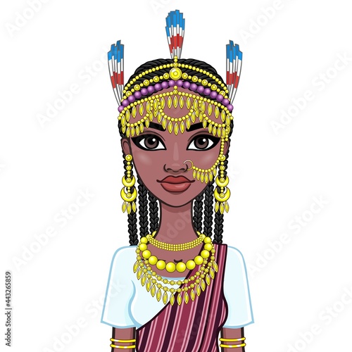 African beauty: animation portrait of the beautiful black woman in a traditional ethnic jewelry. Princess, Bride, Goddess.Vector illustration isolated on a white background. Print, poster, t-shirt