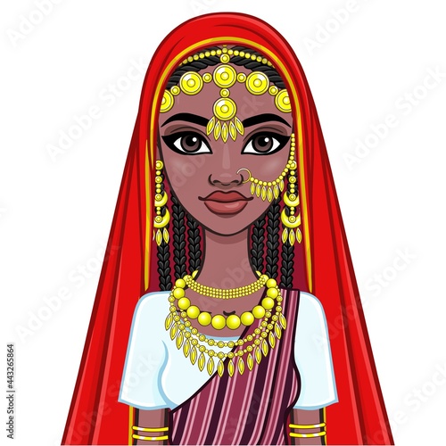 African beauty: animation portrait of the beautiful black woman in a traditional ethnic jewelry. Princess, Bride, Goddess.Vector illustration isolated on a white background. Print, poster, t-shirt