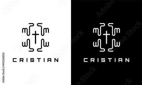 Christian cross with hand icon. Logo template for church organization religious concept
