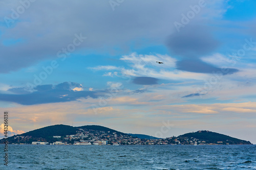 Evening boat trip along the Bosphorus. Panorama of Istanbul view from the ferry