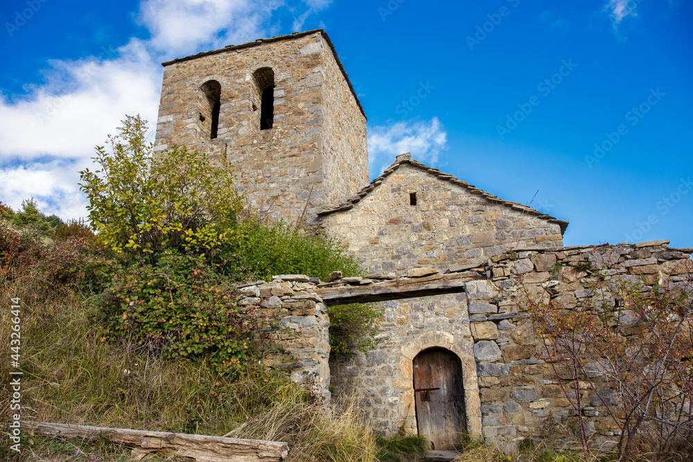 Tella Ermitage and surrounding landscape, Huesca, Spain.