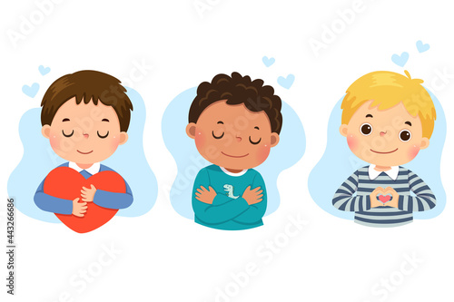 Set of vector illustration cartoon of little boys hugging themself. Self love, self care, positive, happiness concept.