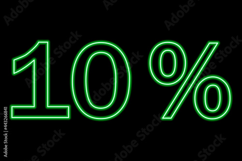 10 percent inscription on a black background. Green line in neon style.