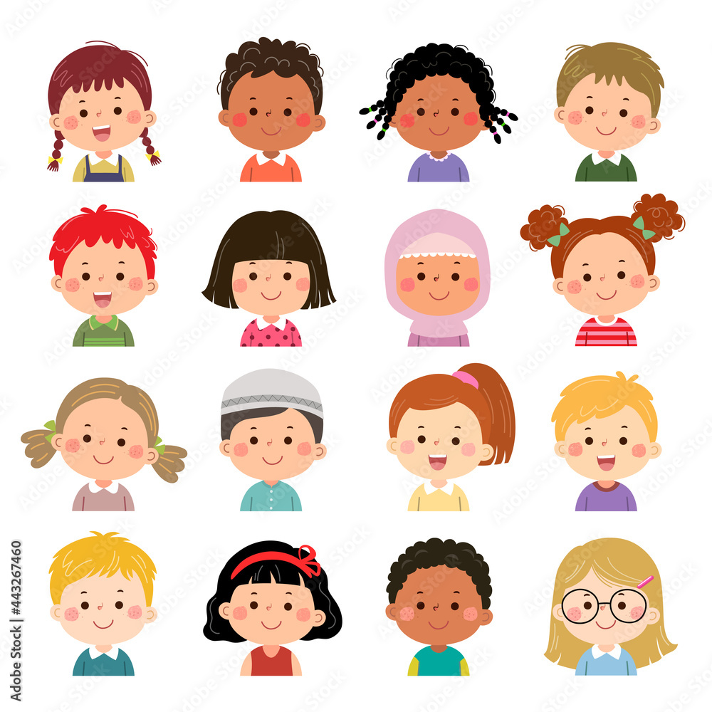 Set of kids faces, avatars, children heads different nationality in flat style. Set of kids faces, avatars, children heads different nationality in flat style.