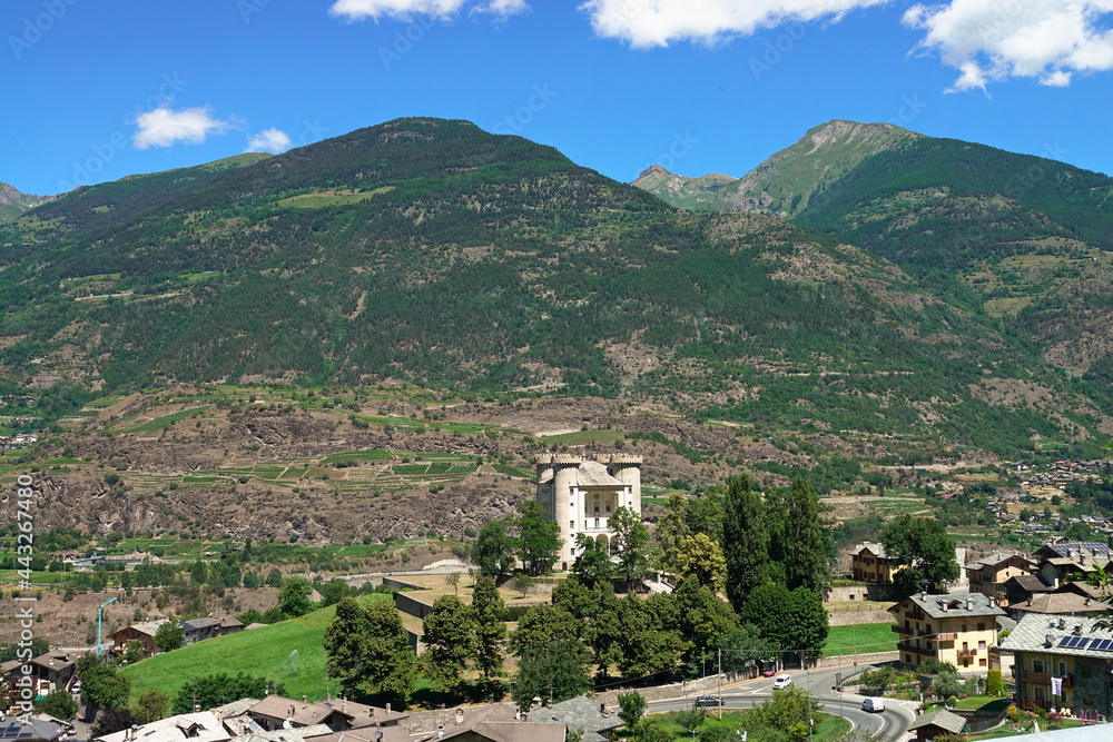 Summer view of the medioeval castle, Aymavilles Aosta Valley Italy