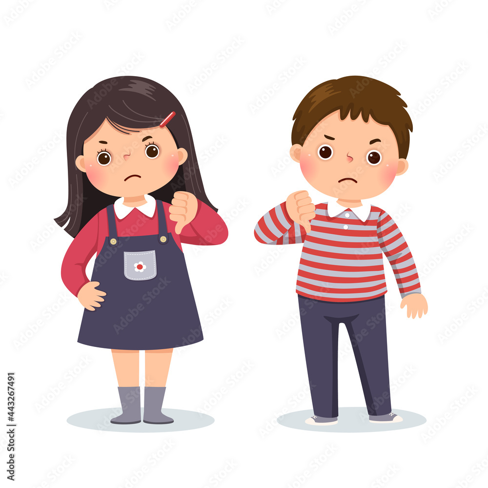 Vector illustration cartoon of a little boy and girl showing thumbs down with negative expression. Vector illustration cartoon of a little boy and girl showing thumbs down with negative expression.
