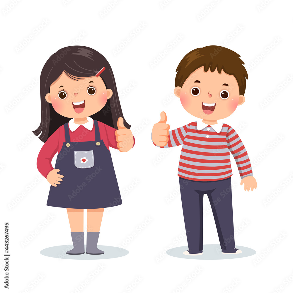 Vector illustration cartoon of a little boy and girl showing thumbs up with cheerful expression. Vector illustration cartoon of a little boy and girl showing thumbs up with cheerful expression.