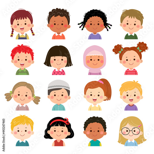 Set of kids faces, avatars, children heads different nationality in flat style.