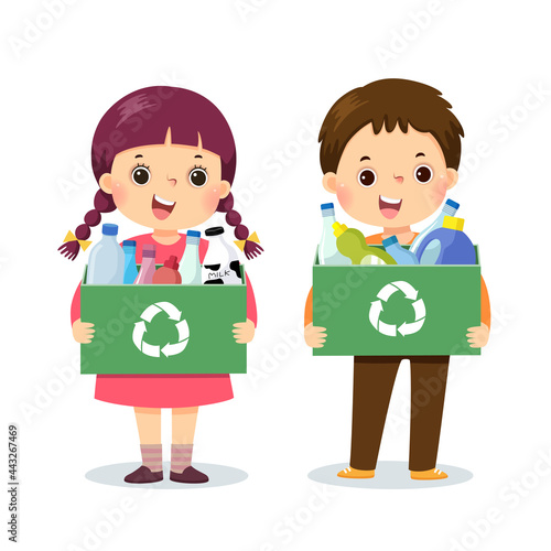 Vector illustration cartoon of kids holding containers with plastic bottles. Environment concept.