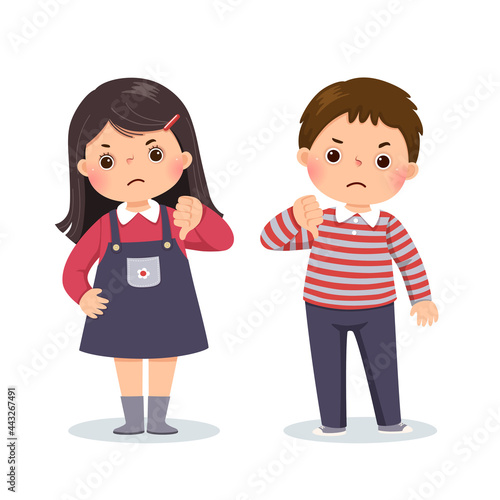 Vector illustration cartoon of a little boy and girl showing thumbs down with negative expression.