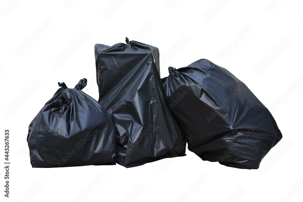 Black bags for cleaning garbage placed on white background