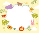 Template for advertising brochure with cartoon of cute wild animals and tropical leaves.