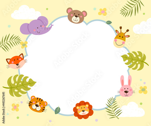 Template for advertising brochure with cartoon of cute wild animals and tropical leaves.