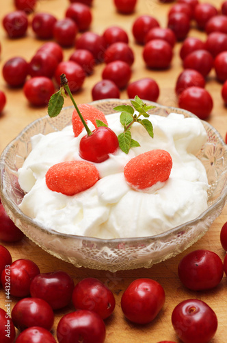 Cherry desert, sour cherries compote, jar of fruit.
