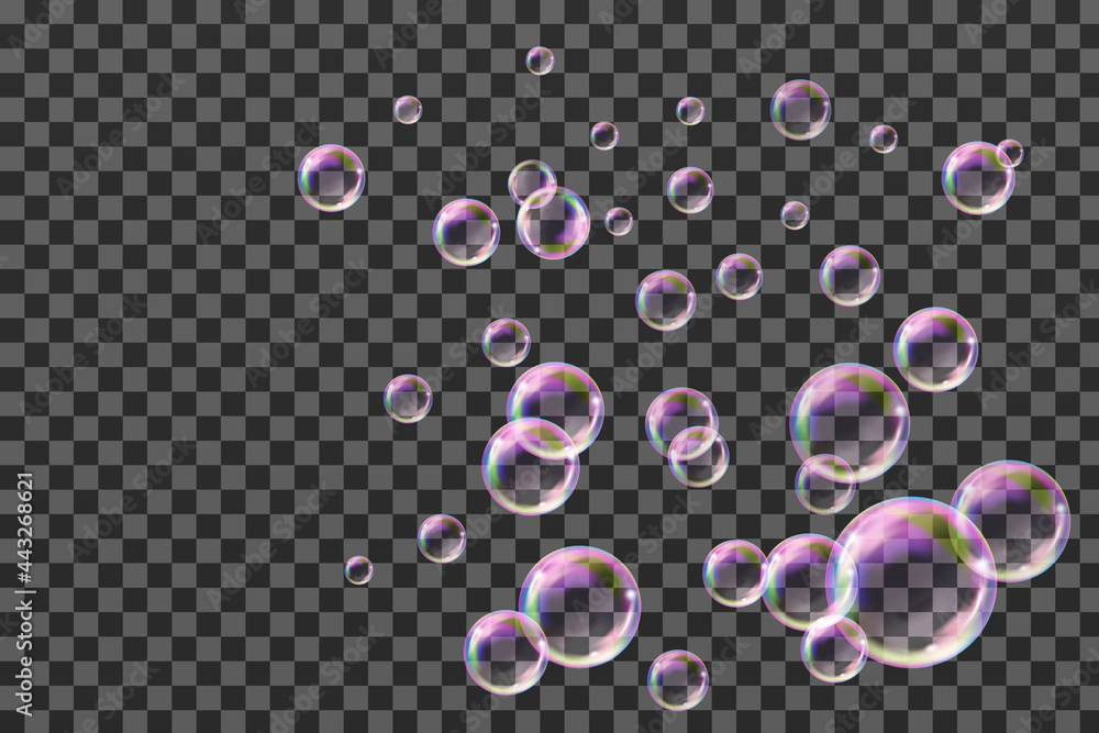 Flying transparent soap bubbles on checkered background.